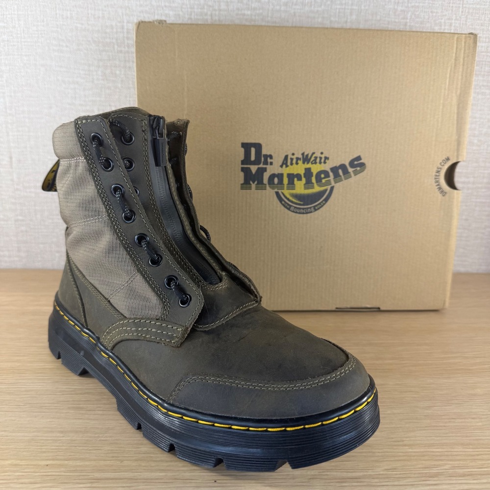 Dr. Martens Combs Jungle Zip Boots Dark Khaki Olive Leather Ripstop 32107831 11M